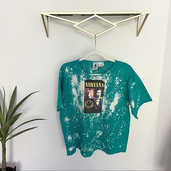 NIRVANA Band Tee Shirt Bleached Tie Dye Teal Rare L - Picture 1 of 12